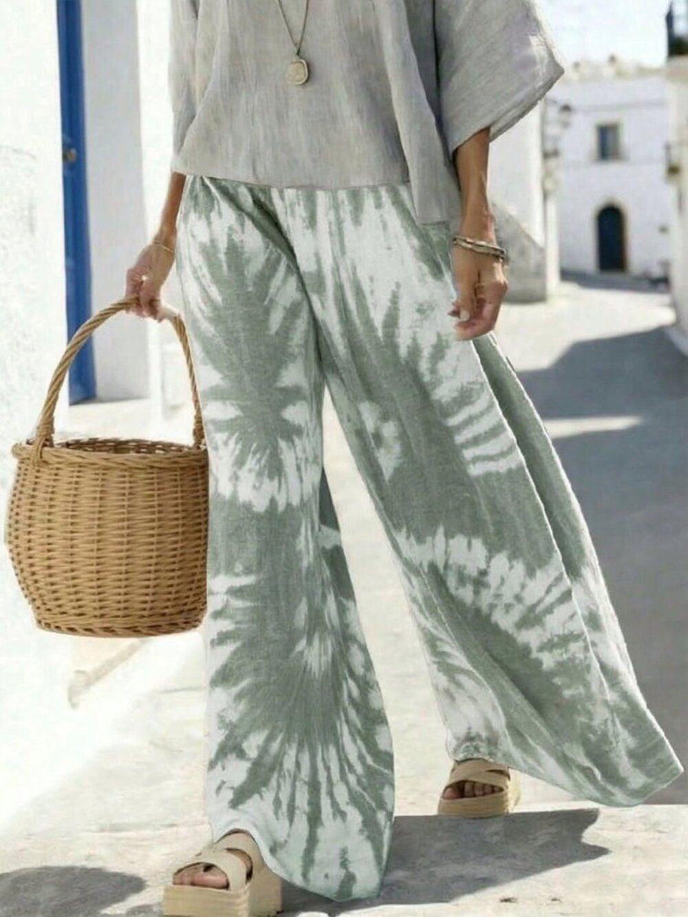 Mist Green Casual Women's Tie-Dye Print Wide Leg Loose Pants